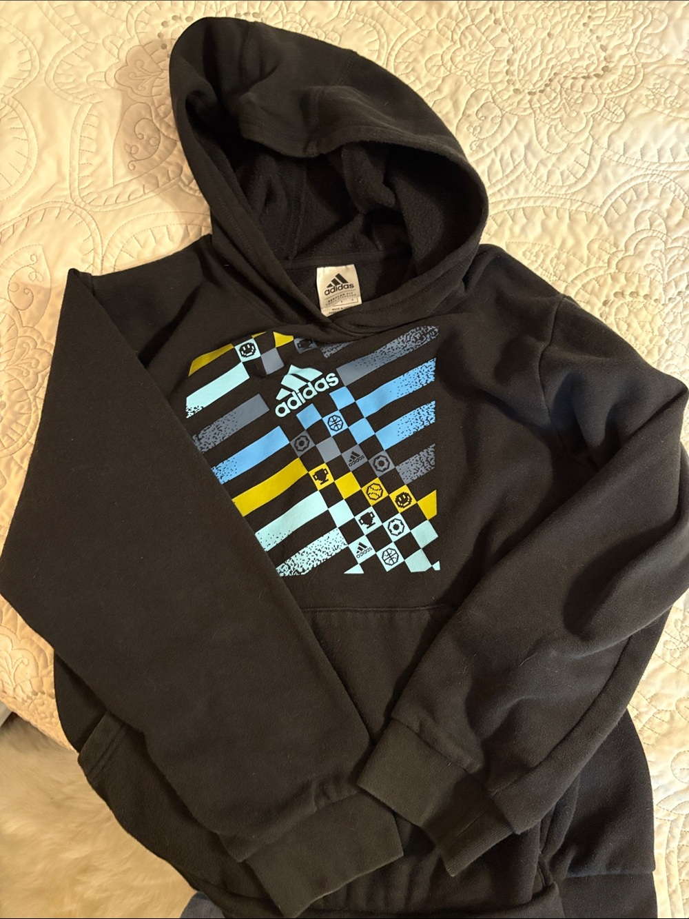 Adidas Kid’s Hoodie with Blue & Yellow Chest Graphic